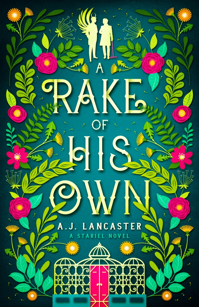 Cover for A Rake of His Own by AJ Lancaster. The cover features a greenhouse and two male silhouettes, one of whom has wings and horns. One of the figures is holding a rake. The colours are bright greens with magenta highlights. 